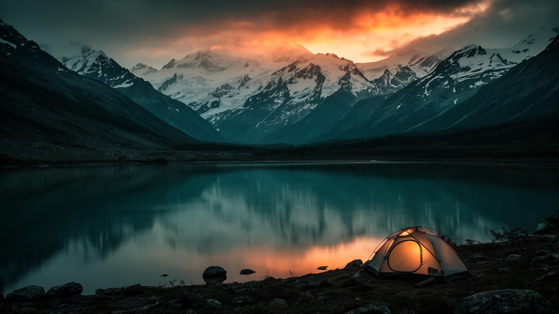 Alpine lake and snowcapped Alaska peaks at golden hour with a lit tent on the shore